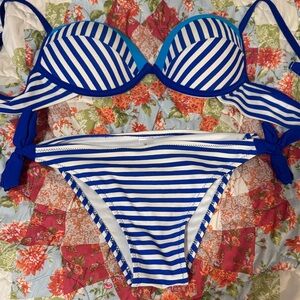 Blue and White Striped Bikini With Push Up